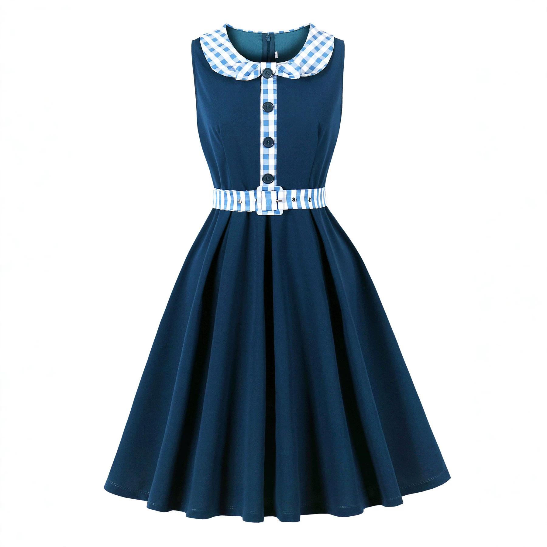 Women s Fashionable Retro Checkered Patchwork Fitted Sleeveless Elegant Dress For Summer L