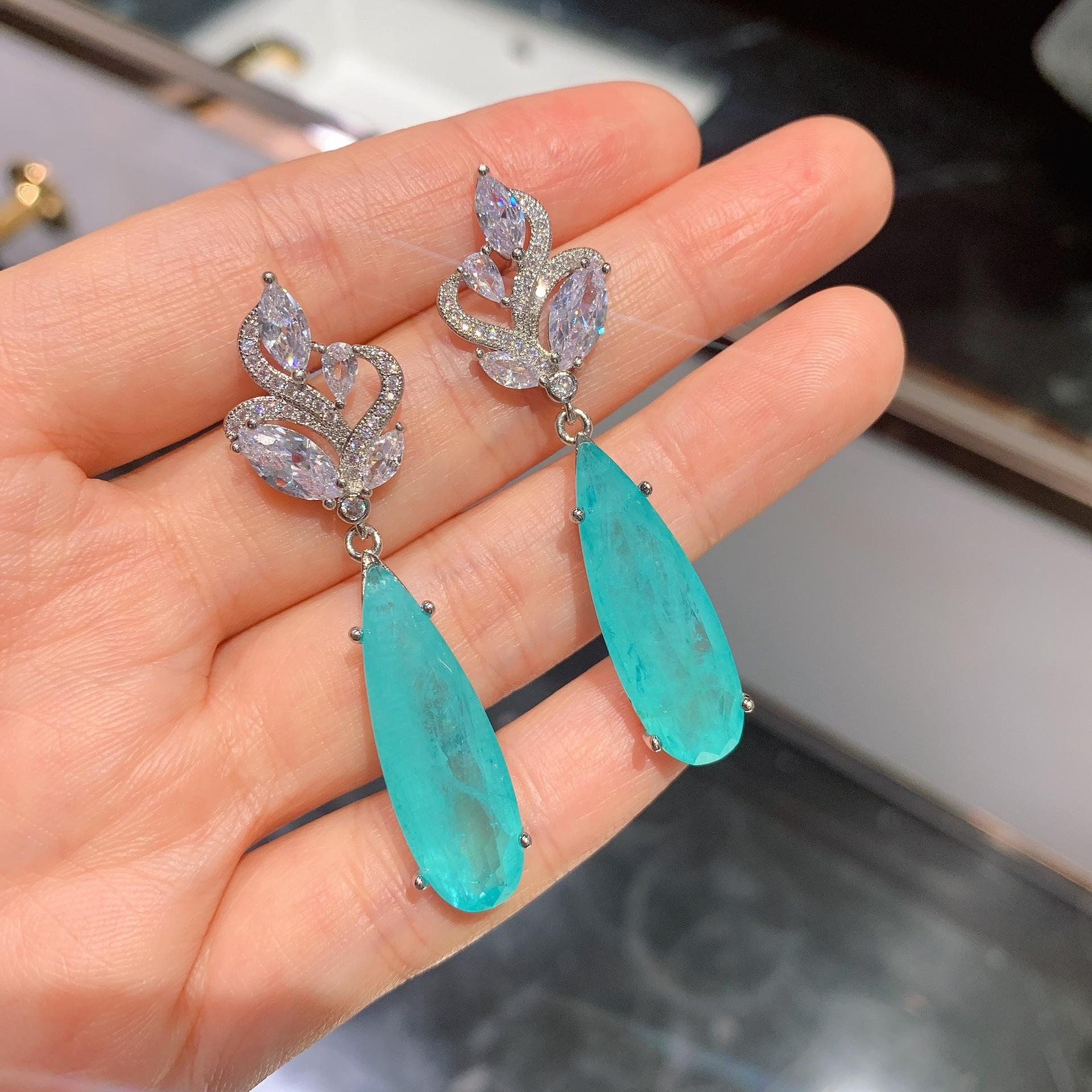 S925 Silver Needle Studded Droplet Shaped Paraiba Earrings With Versatile Personality Emerald Exaggerated