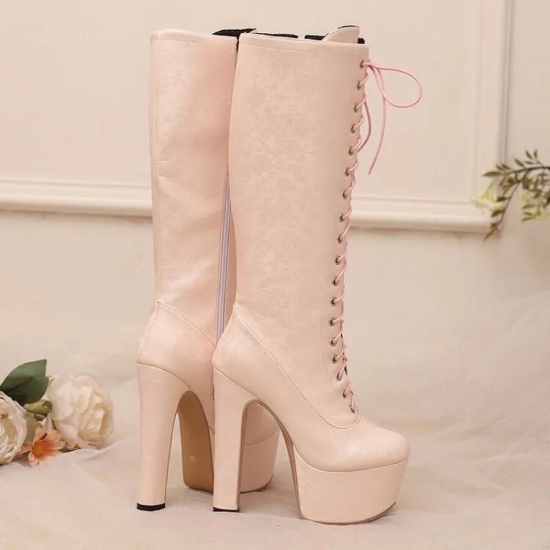 Móda Nové Potištěné Křížové Pásky Černé Bílé Kozačky nad Koleno Evropské Americké Dámské Vodotěsné Platformové Kozačky na Vysokém Podpatku 15cm 47