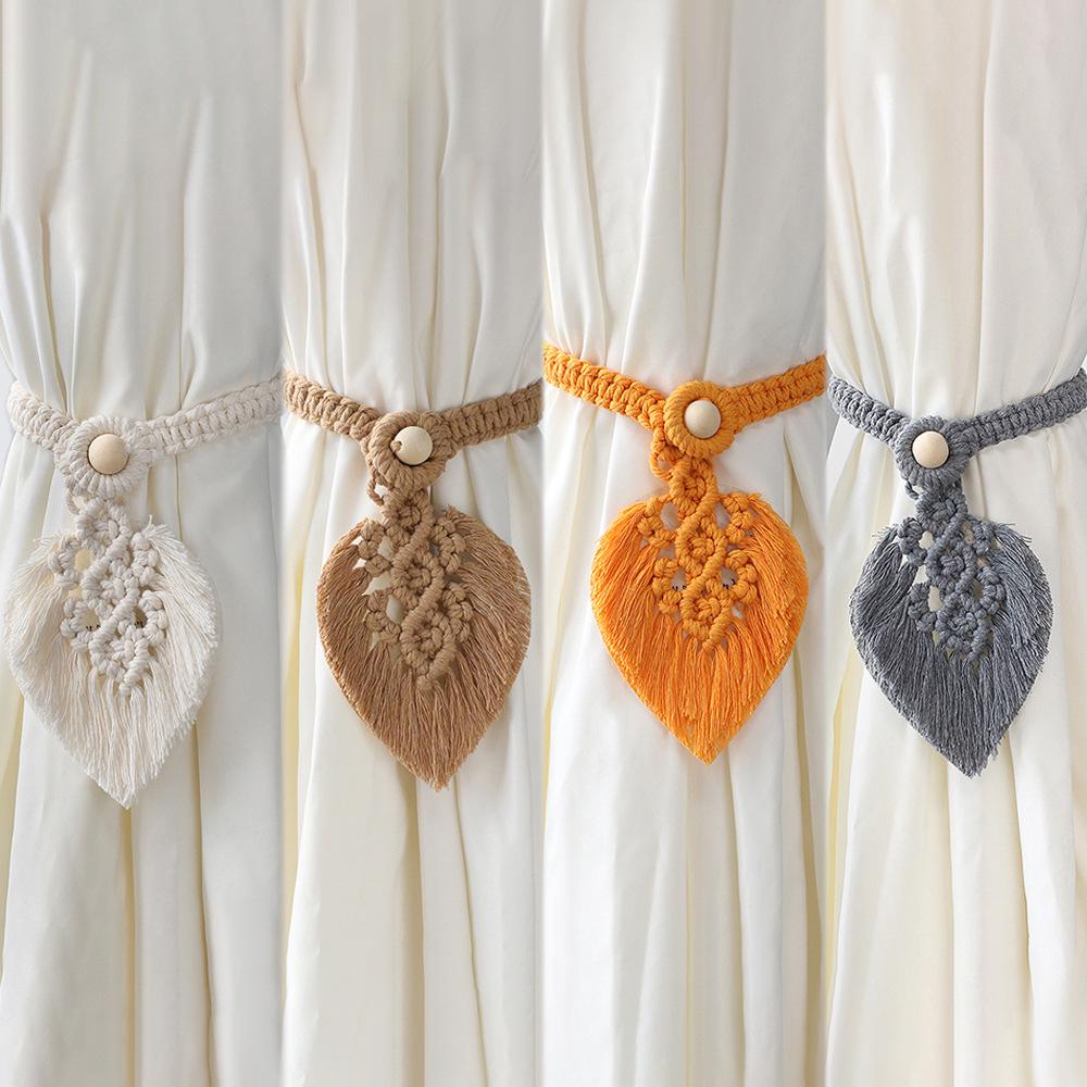 Bohemian Woven Curtain Tiebacks with Tassel, Leaf, and Wood Bead Decor