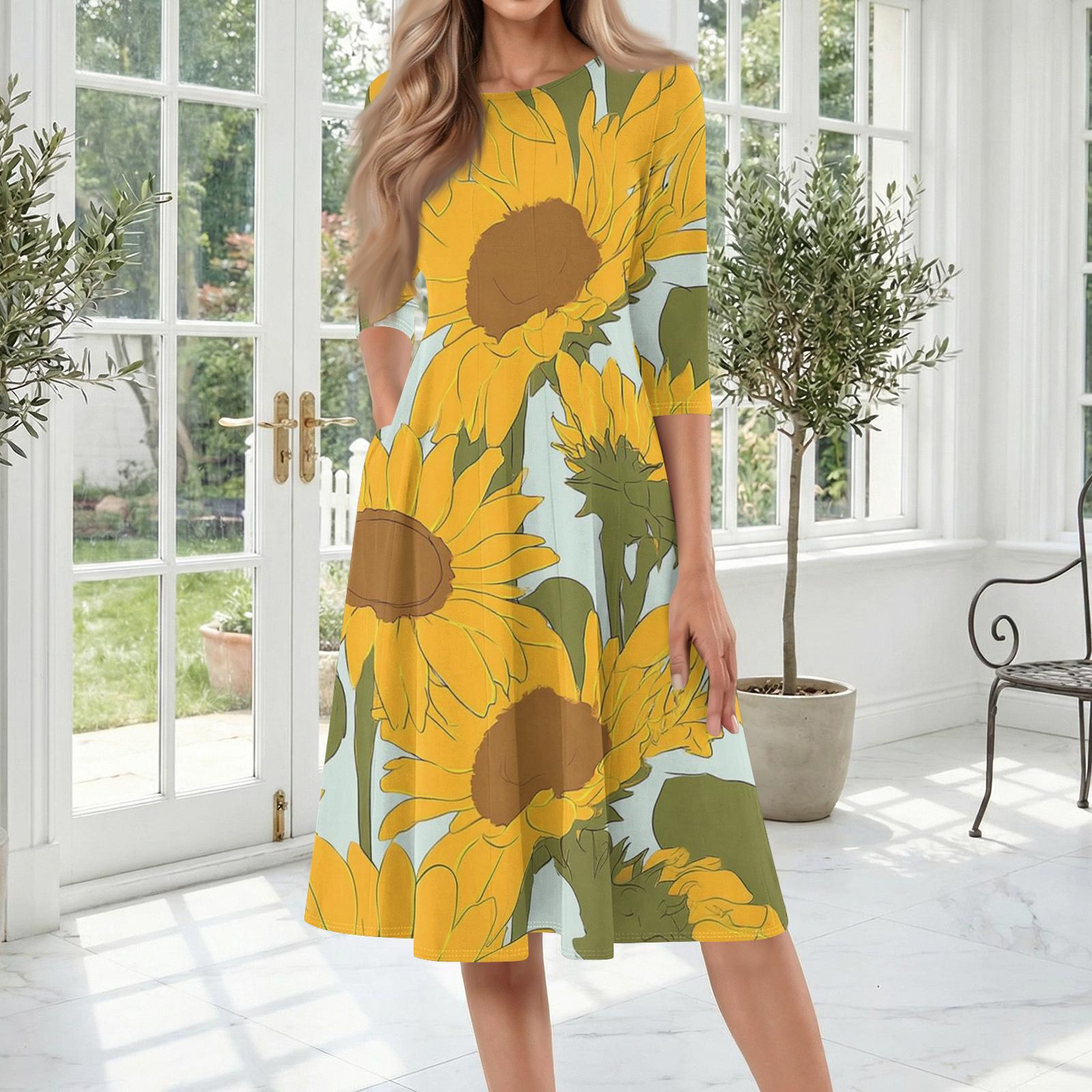 

Women s Casual Fashion Round Neck Three Quarter Sleeve Floral Print Mid Length Dress Comfortable Fit Lightweight Fabric Suitable for Daily Wear XXXL шафрановый