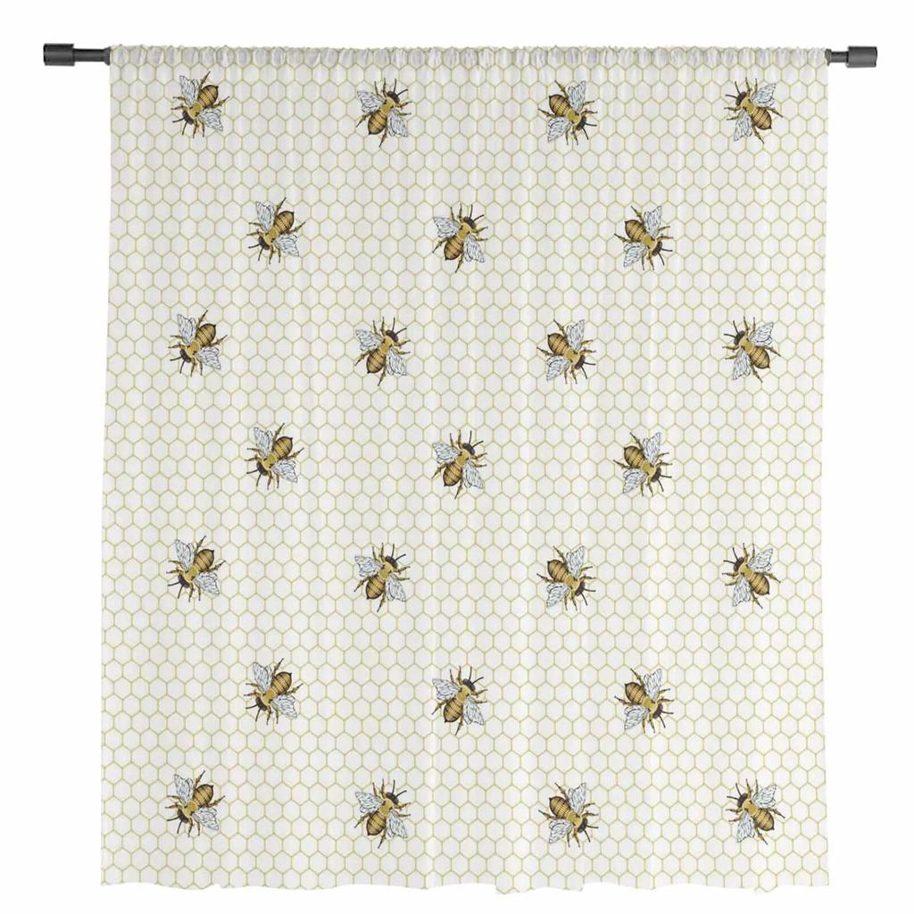 Plaid Bee Geometry Sheer Window Curtains For Living Room Kitchen Children Bedroom Voile Hanging Curtain