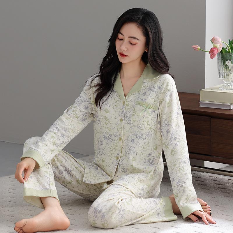 Women's pure cotton spring and autumn pajamas long sleeves can be worn outside autumn women's high-end cardigan loungewear cotton suit
