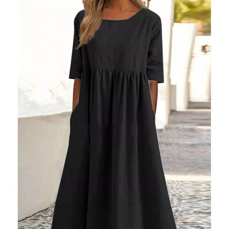 Summer new cotton and linen casual short-sleeved pocket pleated loose round neck dress S