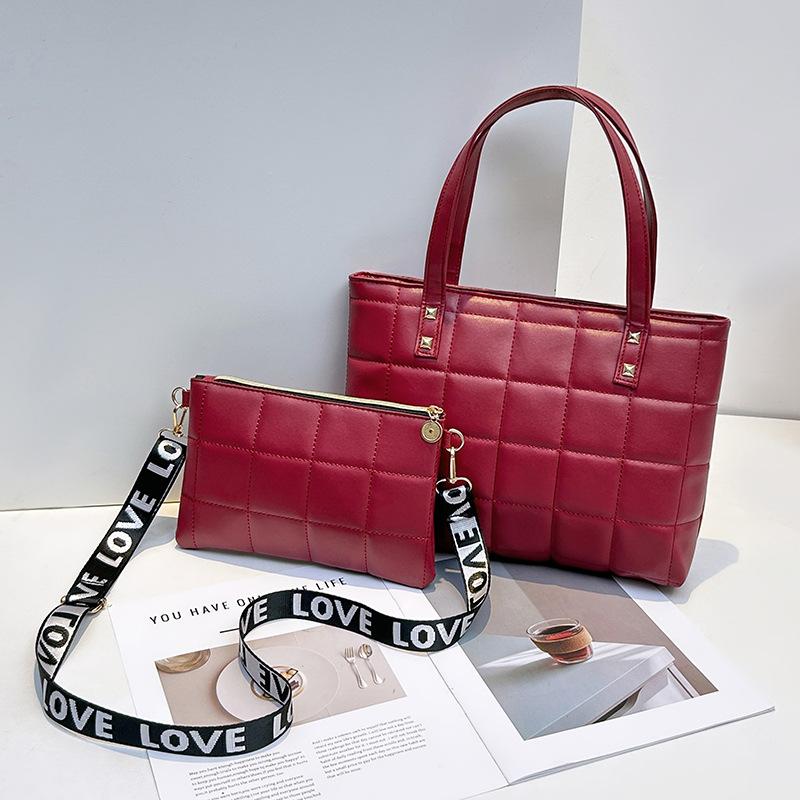 New Plaid Embroidered Tote Bag Casual Women's Bag Two-piece Set Small Square Bag Wide Shoulder Strap Messenger Bag One Piece