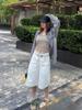 Women's American Retro White Cropped Wide-Leg Jeans - Summer High Street Style