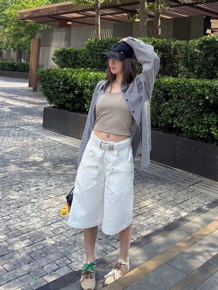 Women's American Retro White Cropped Wide-Leg Jeans - Summer High Street Style