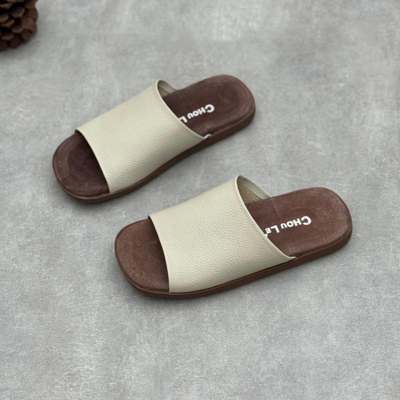 Johnature Genuine Leather Peep Toe Flat Slippers Simple Comfortable Soft Soled Cowhide Women's Slides