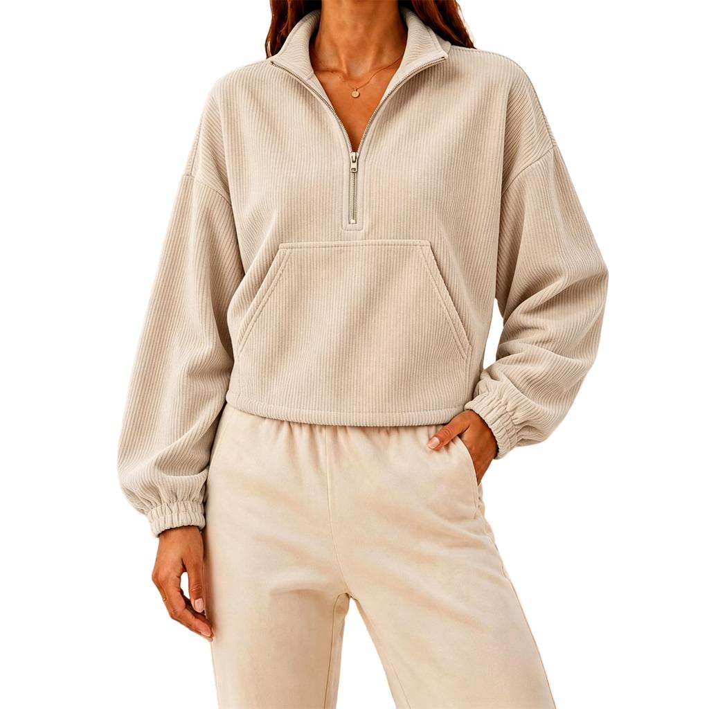 Women's Fashion Color Half-Zip Mock Neck Long Sleeve Sweatshirt with Pockets
