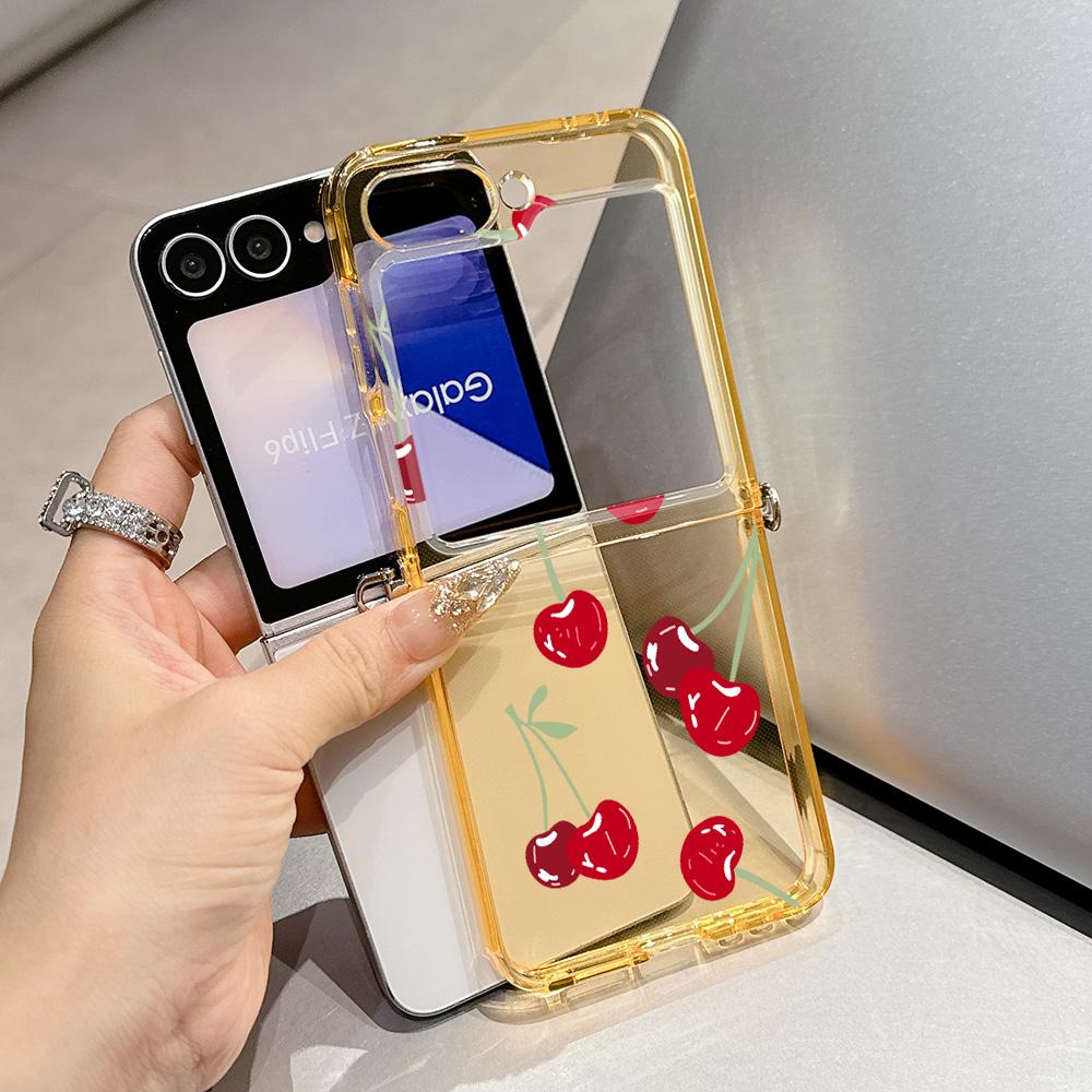 Summer Fruit Cherry Pattern Metal Connector Phone Case for Samsung Galaxy Z Flip3 Flip4 Flip5 Flip6 Flip7 Candy Color Soft TPU