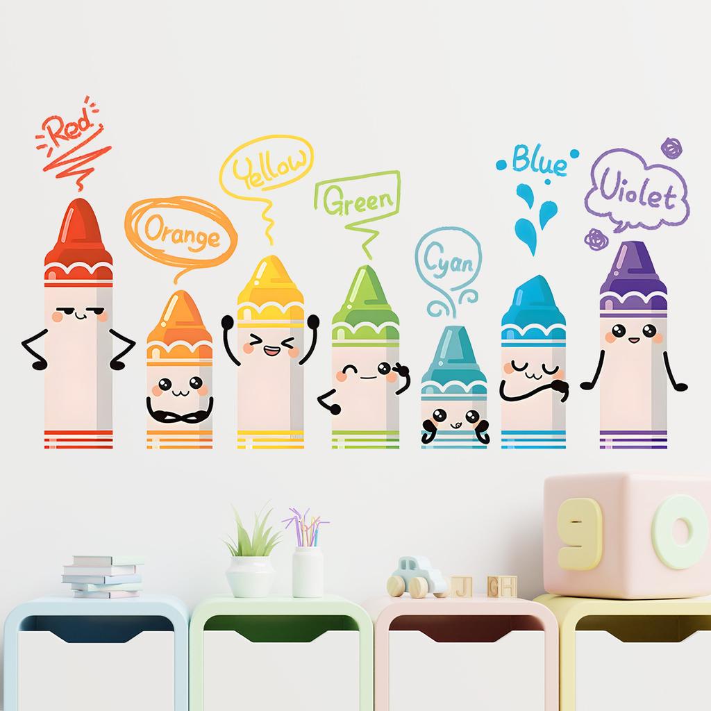 Cartoon Cute Colorful Crayon Pattern Wall Stickers for Kids Room Baby Nursery Bedroom Decoration Living Home Decor Wall Decals
