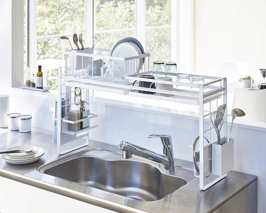 Yamazaki Tower Ausziehbarer Abtropfständer B x 23cm T x 10cm Flexibles Aufbewahrungsgestell für Werkzeug Einfaches Produkt 4364 Über-Spüle Korb, Klein, Weiß, ca. 42,5 cm H,