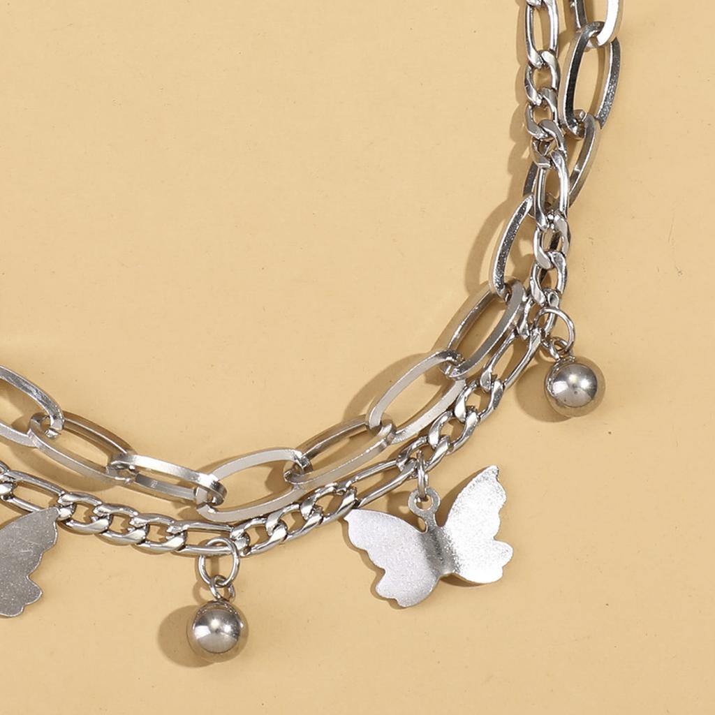 Personalized double-layer butterfly ankle chain set, summer seaside vacation temperament bracelet, handmade accessory