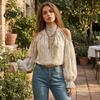 Lässige Blusen Damen Herbst Cold Shoulder Shirt, Vintage Ethno-Print Hohe Hautfreundliche Hemden Kragenbluse, Rüschen Laternenärmel Oberteil Damen