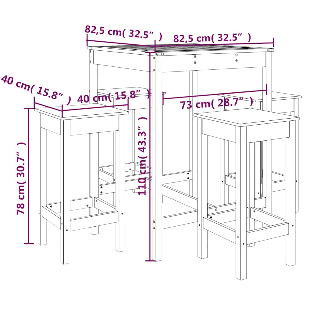 5 Piece Garden Bar Set Black Solid Pine Wood