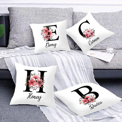 Personalized Name Flower Letter Pillow Case Alphabet Print White Square Pillow Case Dust Cover Bedroom Party Decoration