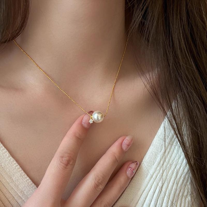PANJBJ 925 Sterling Silver Round Necklace for Women Pearl Zircon Bead Minimalism Sweet Jewelry Gift Dropshipping