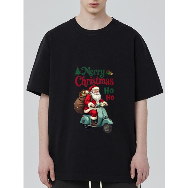 Christmas T Shirt Black Santa Claus Riding Scooter Merry Christmas Ho Ho Holiday Party Gift Wear