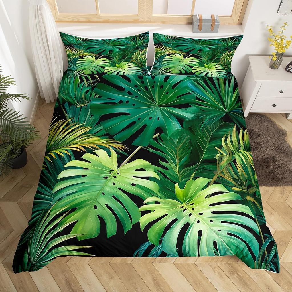 Tropical Botanical Duvet Cover Gold Palm Tree Leaf Comforter Cover King Jungle Nature Theme Watercolor Plant Leaves Bedding Set