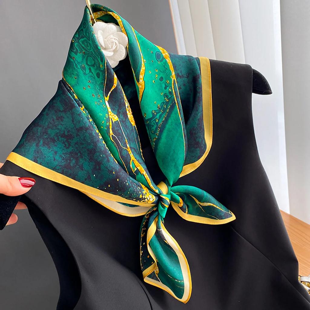 Ciemnozielony Szalik z Nadrukiem Rzeki Vintage Imitacja Jedwabiu Kwadratowy Szalik Bandana Oddychający Nakrycie Głowy Akcesoria do Włosów