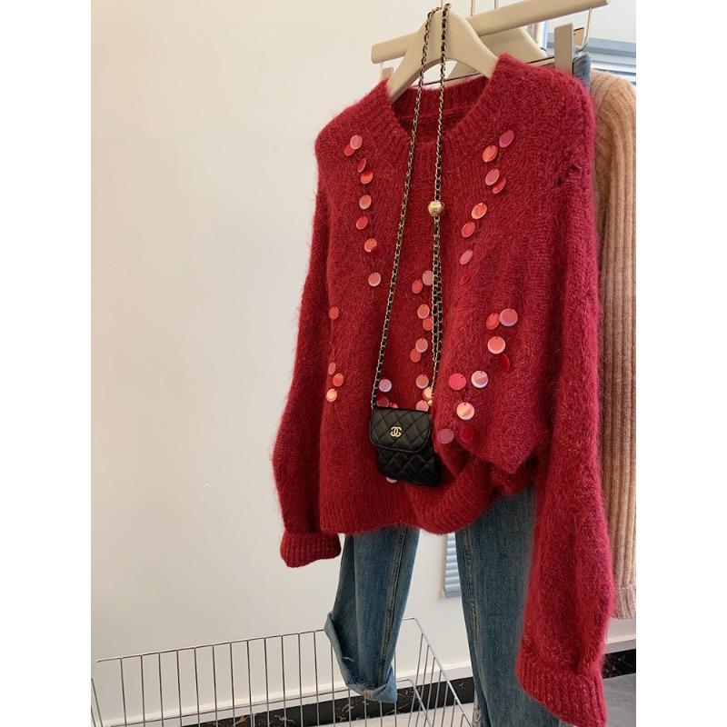 

Мохеровый свитер Maillard для женщин на зиму в ленивом стиле, мягкий, восковой, утолщенный, в чайном стиле, шикарный вязаный топ one size fits all красный