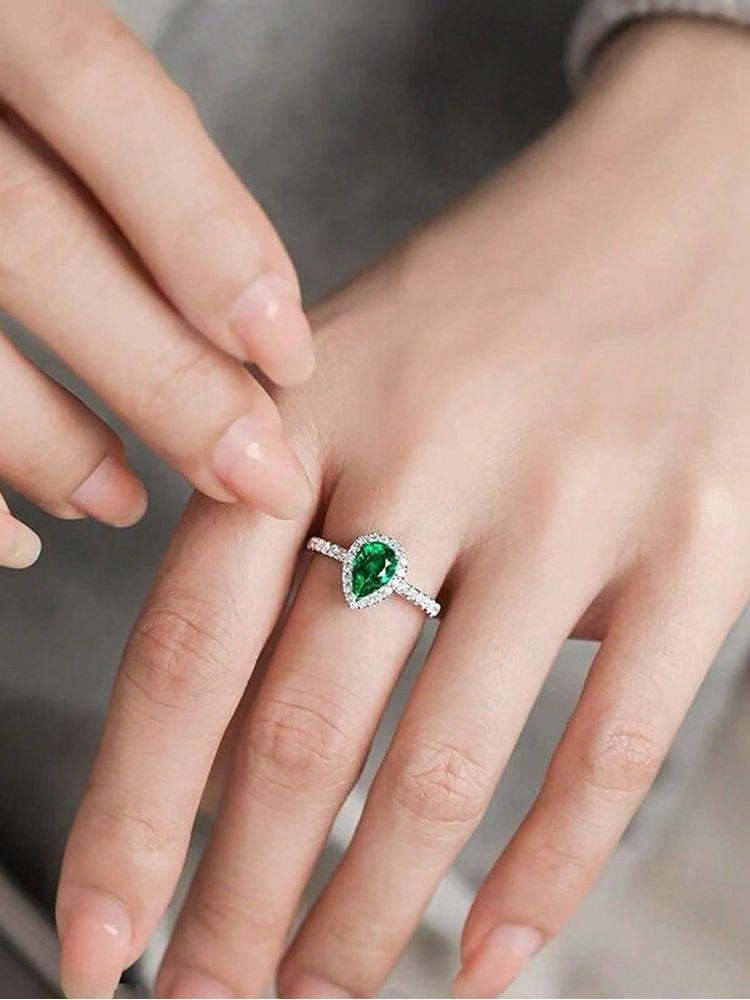 925 Sterling Silver Simple Green Color Water Drop Zircon Ring For Women Anniversary Party Creativity High Quality Fine Jewelry