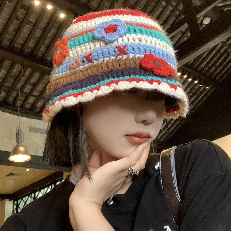 

Colorful floral knitted bucket hat for women, Japanese style, sweet and cute, color-blocking, versatile, makes the face look smaller, trendy woolen M（56-58cm）
