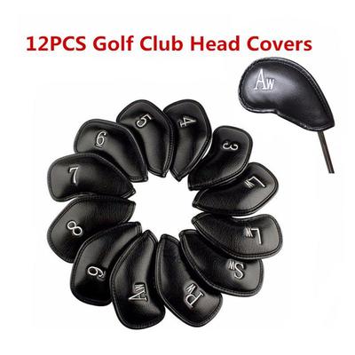 12PCS/Set Anti-slip Iron Black Golf Club Head Cover Protector PU Leather Litchi Grain