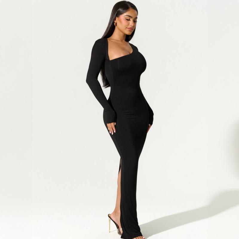 Black Evening Party Dress Women Elegant Fall Winter Outfits Asymmetrical Long Sleeve Night Club Party Split Maxi Dresses