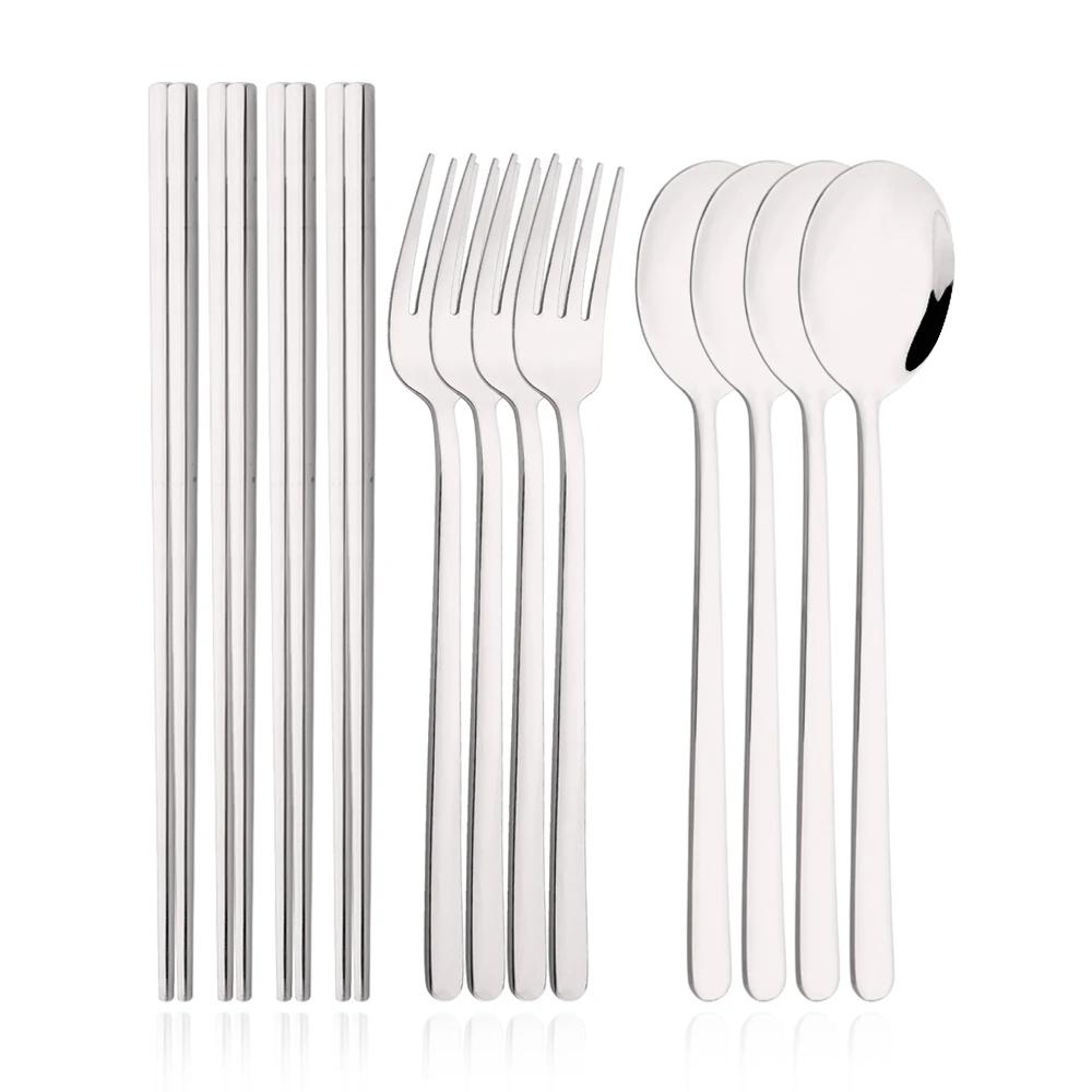 

Набор столовых приборов из 12 предметов: палочки для еды, вилка, ложка, набор столовых приборов, серебристый, золотистый, набор посуды для ужина, роскошные столовые приборы из нержавеющей стали, корейский набор посуды серебряный