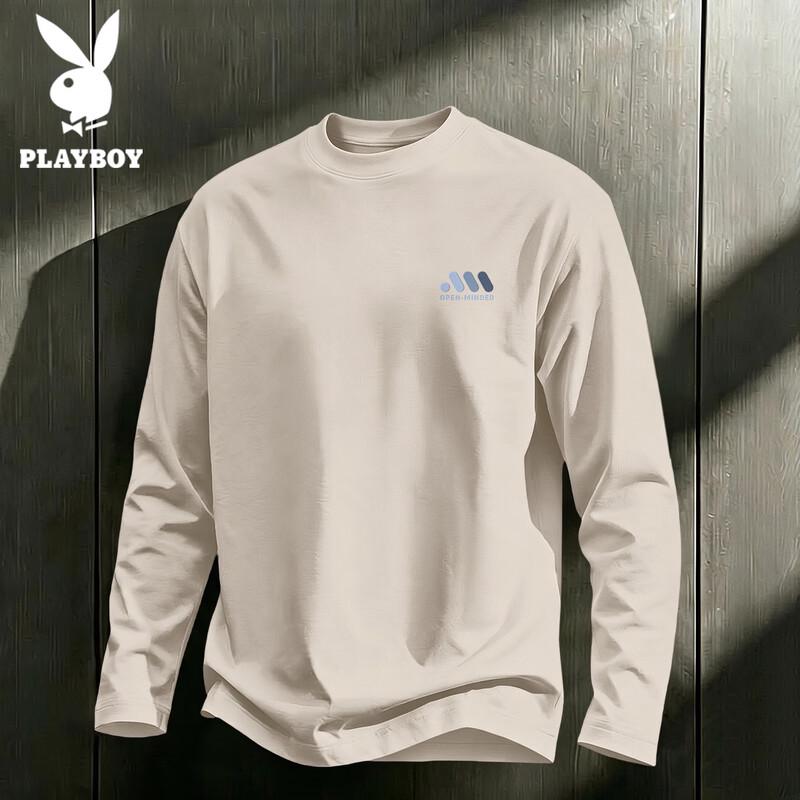 PLAYBOY Men's Long-Sleeve Pure Cotton Crewneck T-Shirt