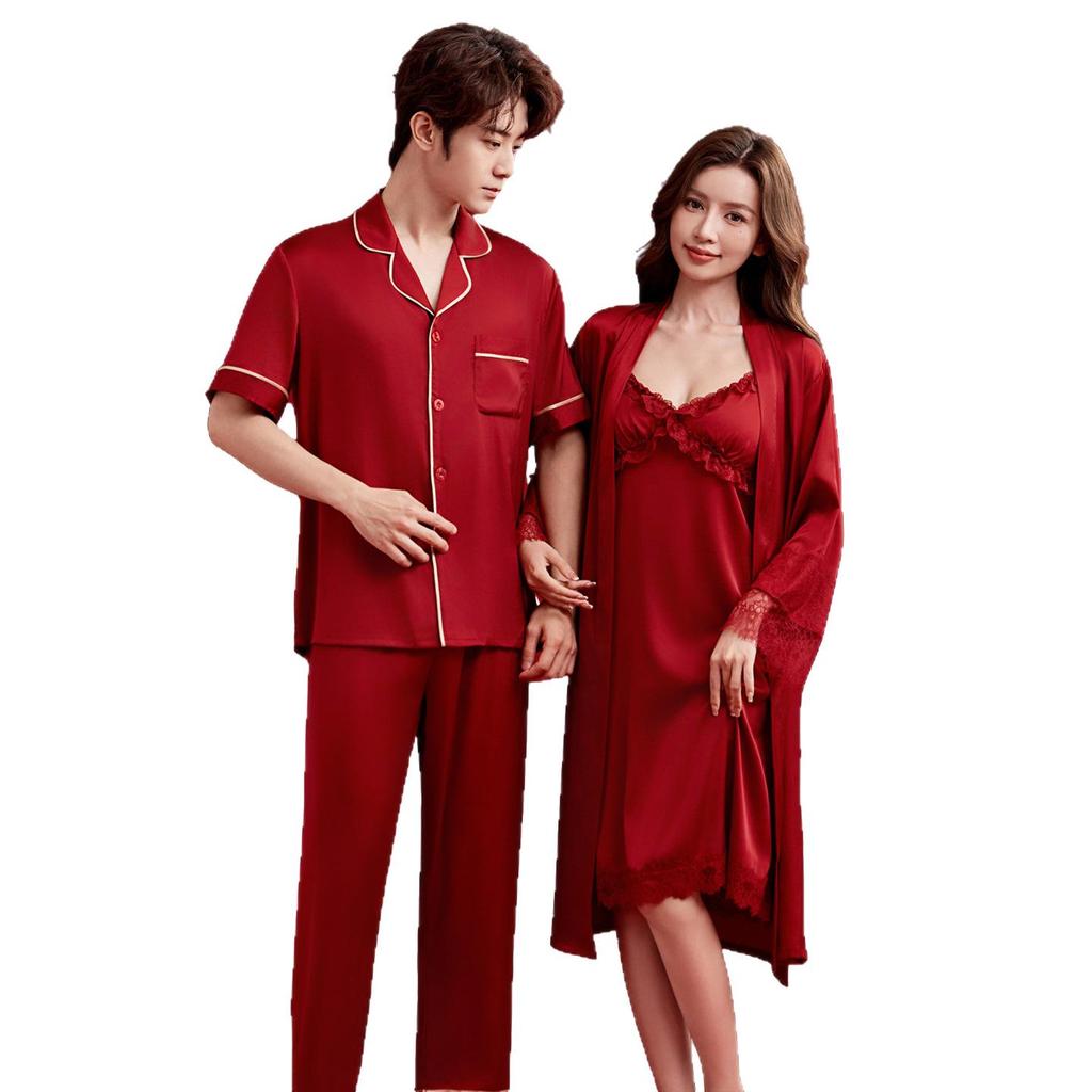 Rotes Seiden-Hochzeitspaar-Pyjama-Set: Damen- und Herren-Homewear-Slipkleid & Morgenmantel