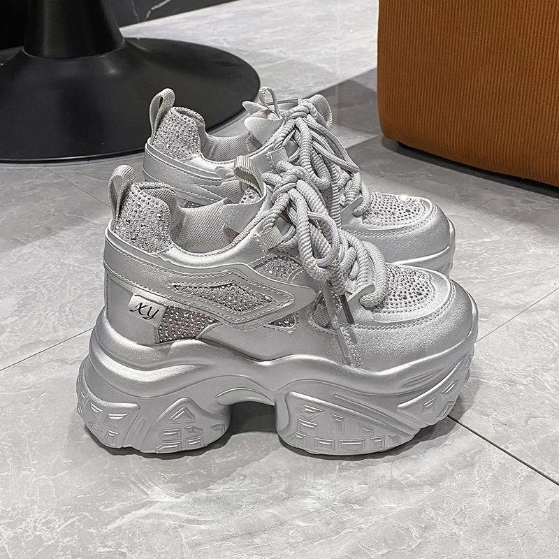 Platform Bling Sequine Sneaker Boots 9cm Height Increasing Lace Up Autumn Winter Women Shoes Thick Botton Sole Boots