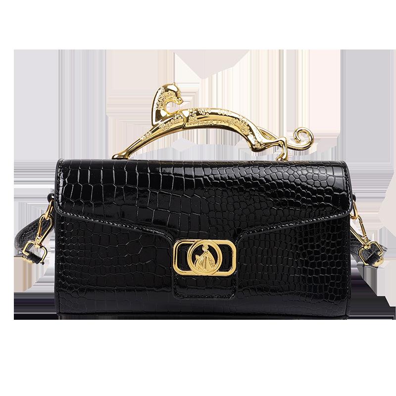 Luxury Patent Leather Crocodile Stone Pattern Ladies Shoulder Bag Retro Hardware Fashion Handbag Leopard Metal