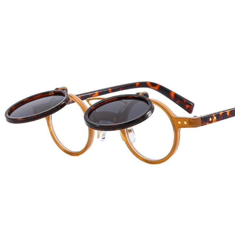 Attractive Glasses Men's Popular Vintage Steampunk Flip Up Sunglasses Retro Small Round Frame Sun Glasses Double-Layer Flip Lens Punk Eyeglasses Uv400