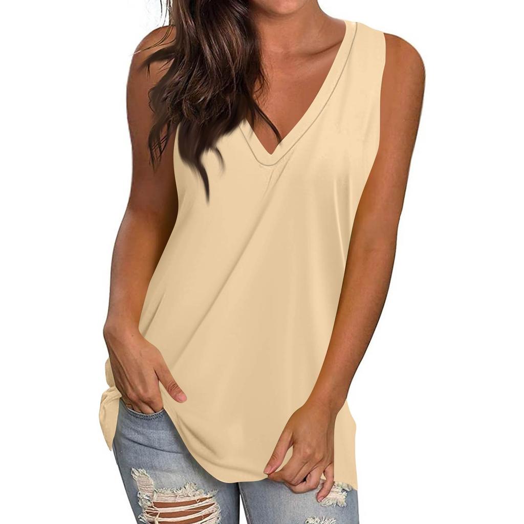 Women's Casual Fashion V-Neck Sleeveless Top Solid Color Vest T-Shirt