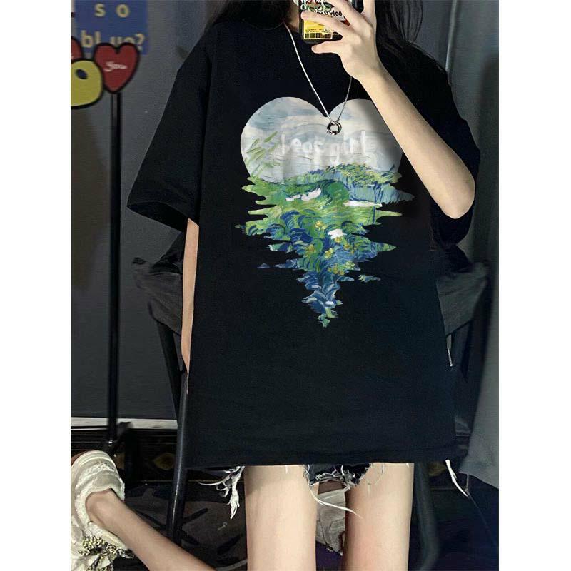 Loose Oversize ort Sve T-irt Chic Hong Kong Sle Retro Street Faion Summer Top for Women Cotton Plant Floral Print