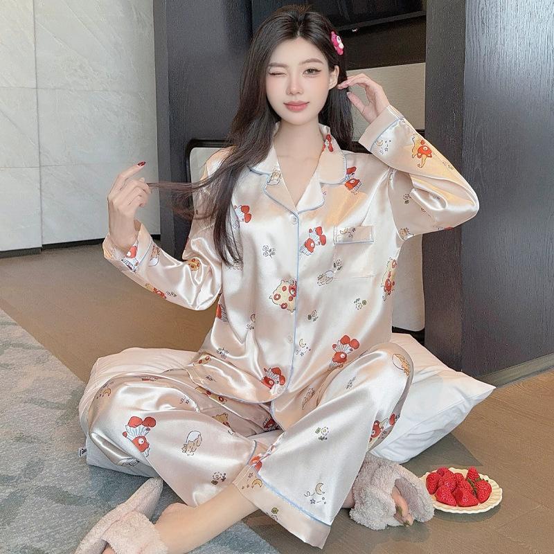Star Print Ice Silk Women Spring And Autumn Pajamas Long Sleeves High-End Fashion Loungewear Suit