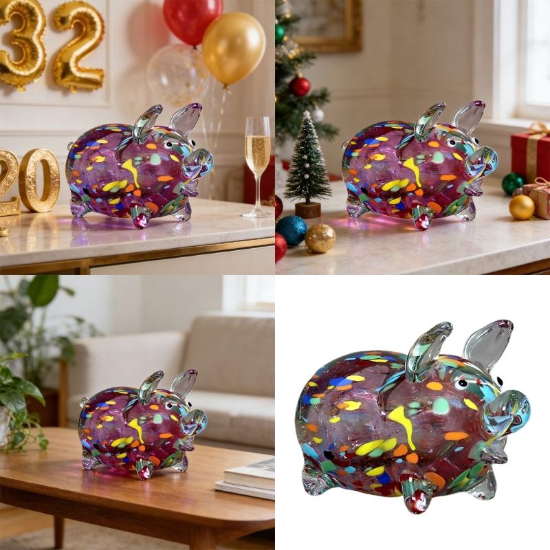 Glass Pig Miniature Sculpture Chinese Zodiacs Animal Figurine Collectible Ornament for Home Office Desktop Decoration