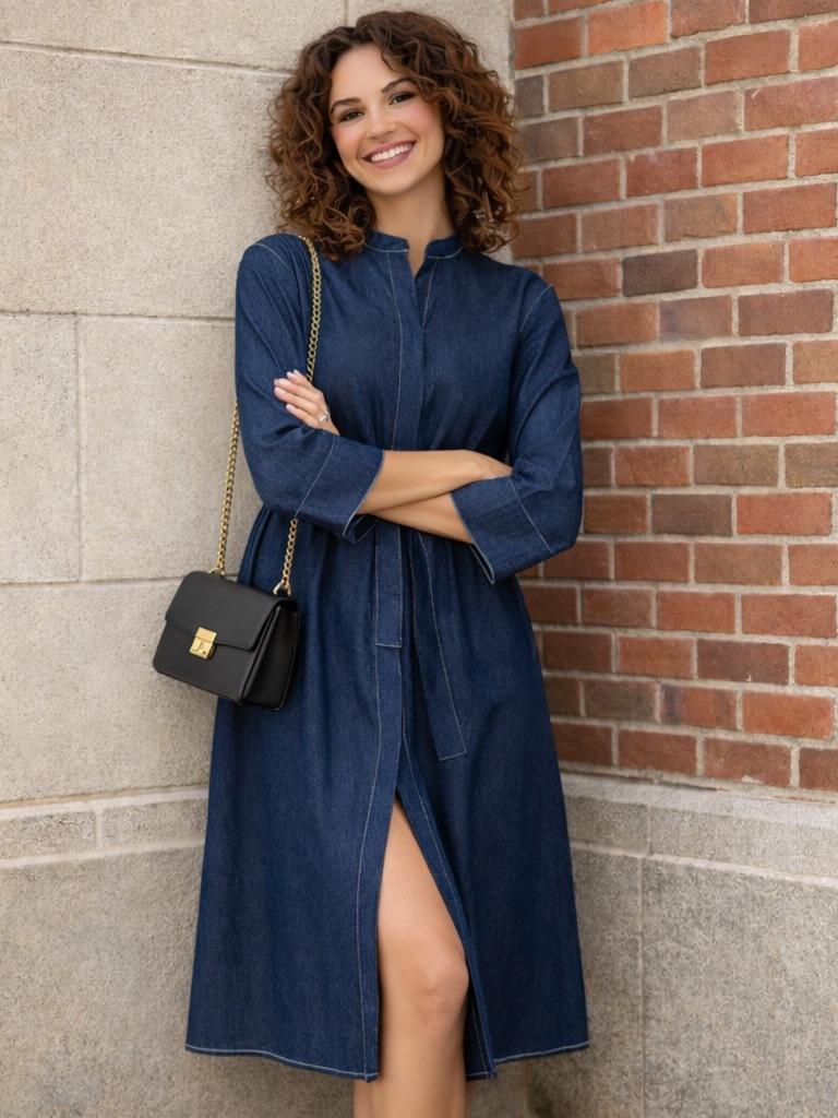 2026 European & American Style Women's Long Denim Dress - Casual, Elegant Fashion