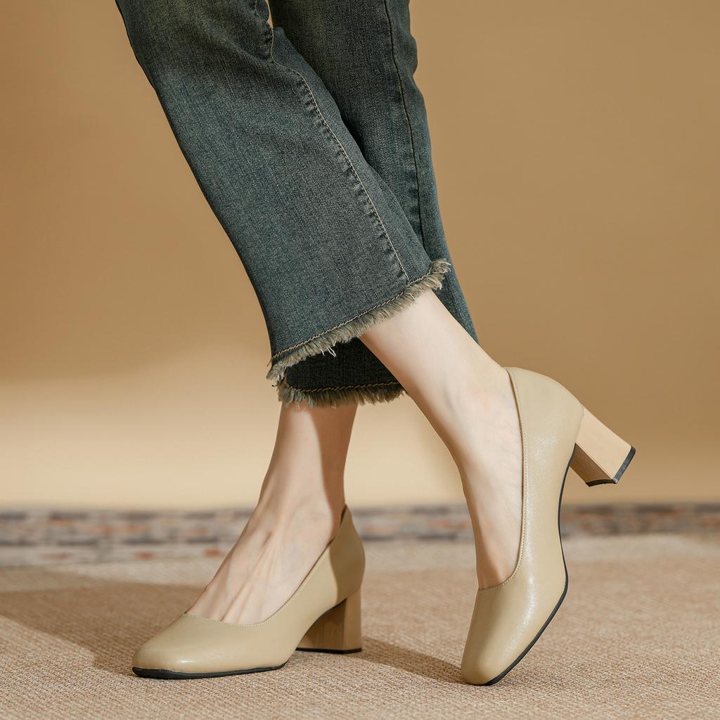 Leather version thick heel not tired feet commuting square head single shoes women's spring and autumn light mouth with skirt low heel medium heel wo