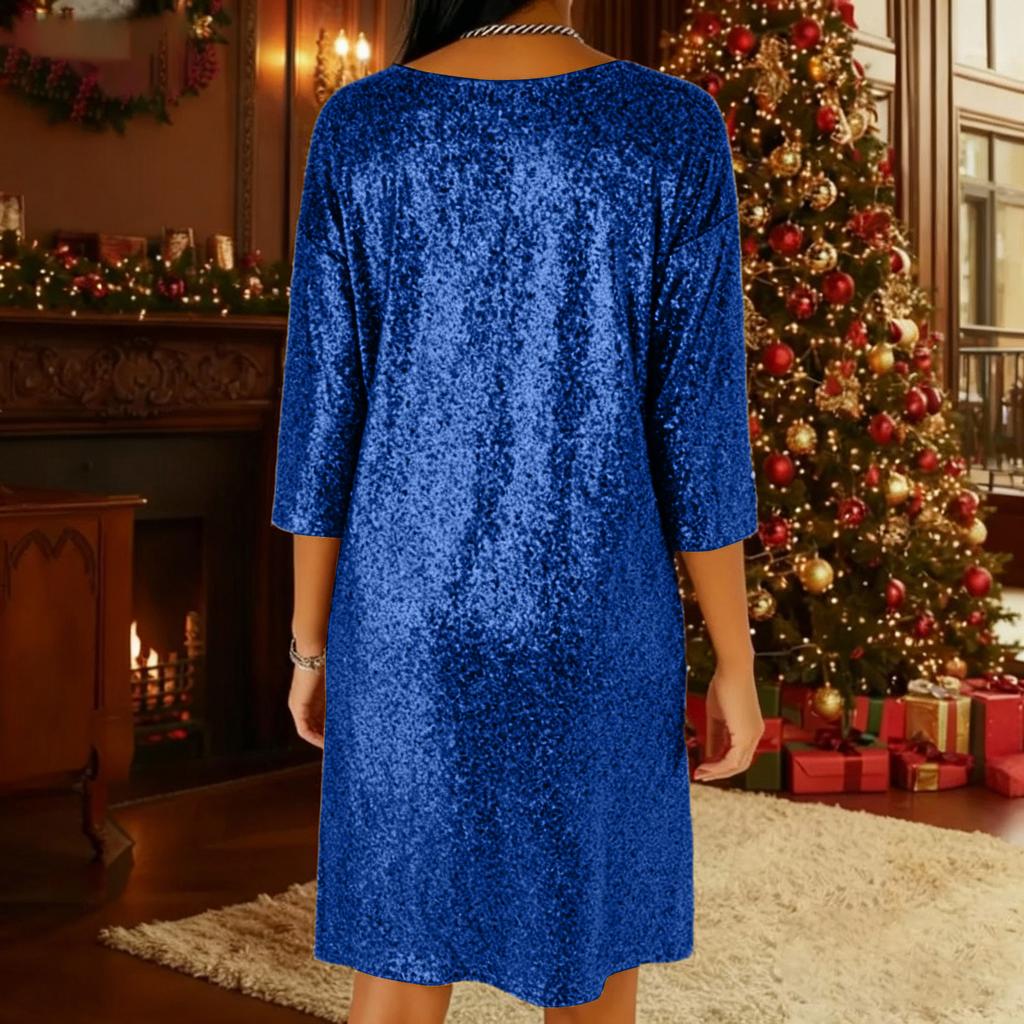 Modisches lockeres V-Ausschnitt-Kleid mit Dreiviertelärm und seitlichen Schlitzen am Saum für Damen.