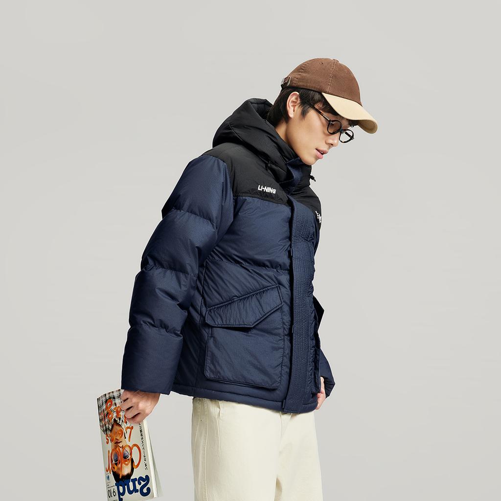 Li-Ning Sports Lifestyle Series Minimalist Color-Block Zipper Letter Hooded Versatile Down Jacket Unisex outerwear AYMV435-5