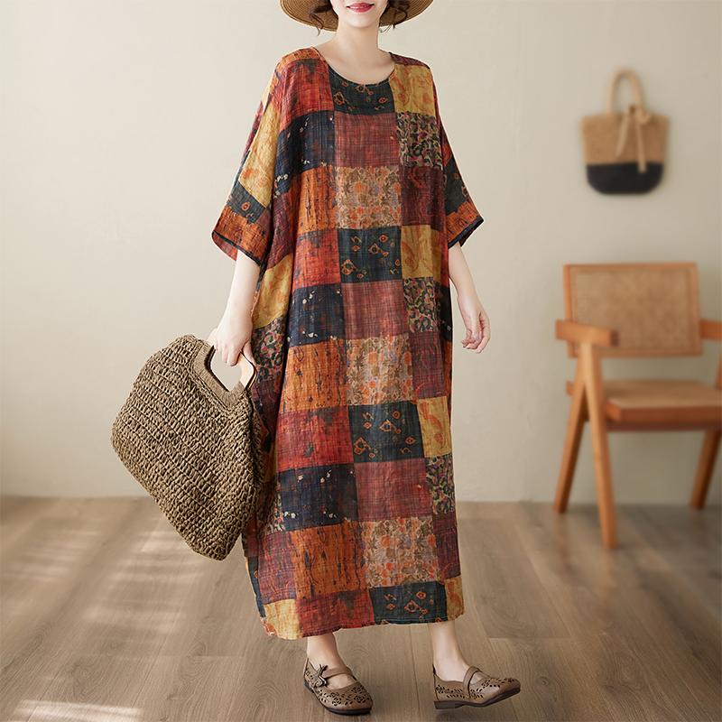 DIMANAF New 2025 Summer Dress Short Sleeve Linen Casual Loose Women Vintage Printing Plus Size Dress O-Neck Dress Maxi