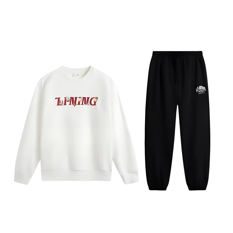 

Li-Ning Letter Comfortable Simple Round Neck Pullover Loose Shoulder Long Sleeve Mid Waist Tied Long Pants Casual Sports Suit AWDV247-1+AKLU939-4 L