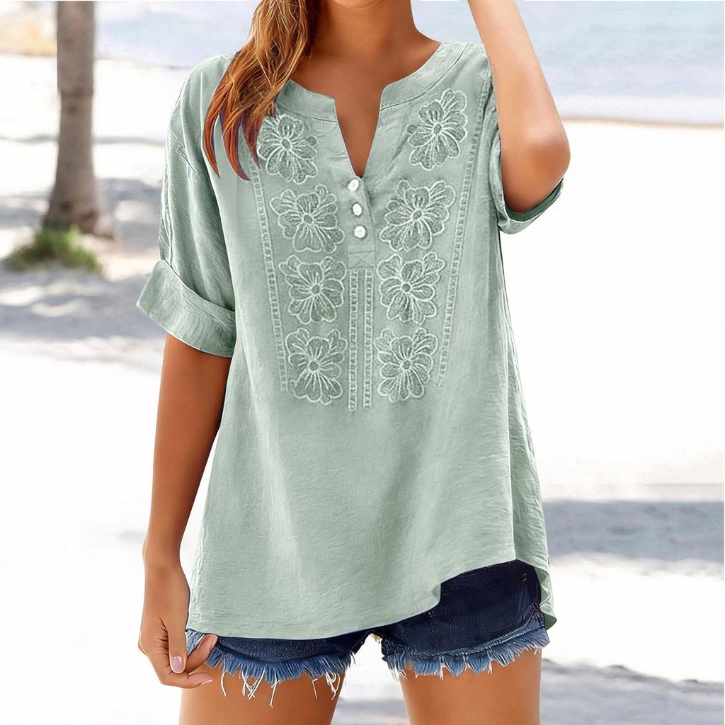 Women's Fashionable Casual Loose-Fit Embroidered Button-Up V-Neck T-Shirt Top