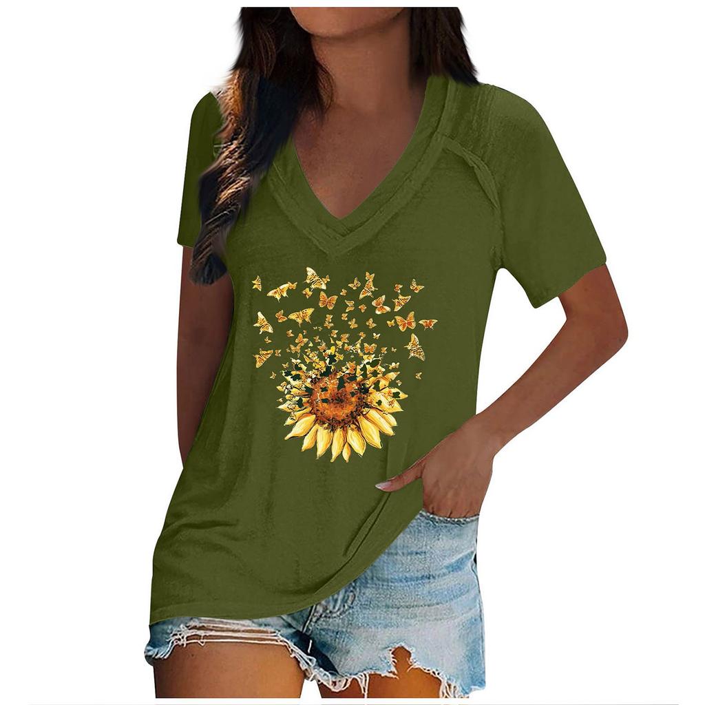 Women's Tops Dressy Summer Fashion Casual Sunflower Print Casual T-Shirt Shoulder Sleeve V Neck Slim Flowy Tunic