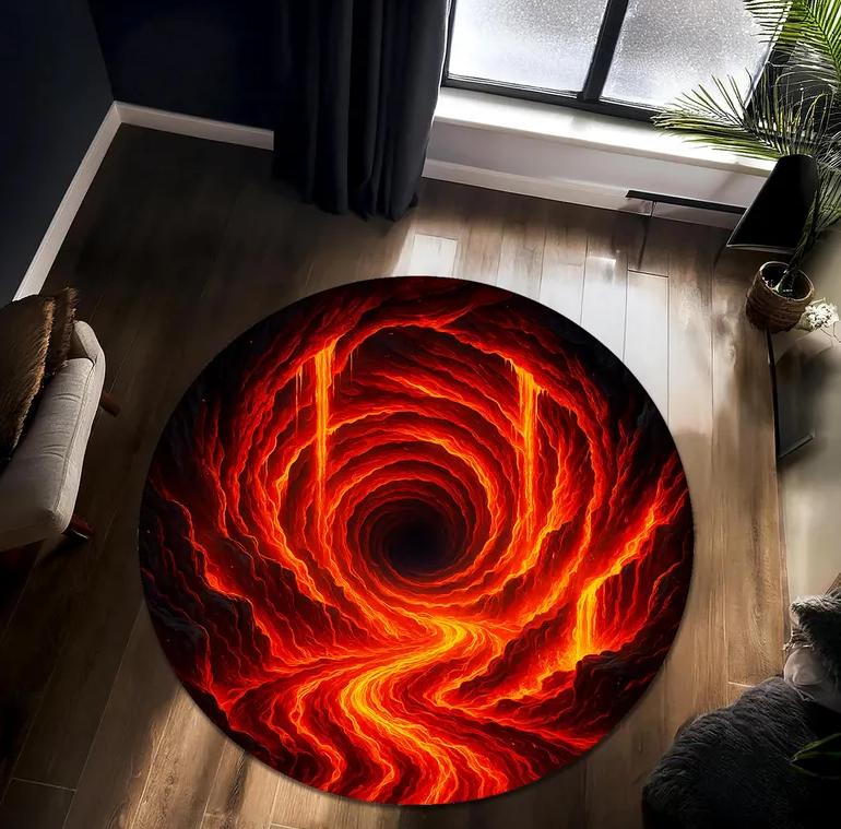 Vortex Lava Hole Round Area Rug Soft Non-Slip Floor Mat Fiery Red Orange Magma Whirlpool Illusion Pattern Carpet for Bedroom