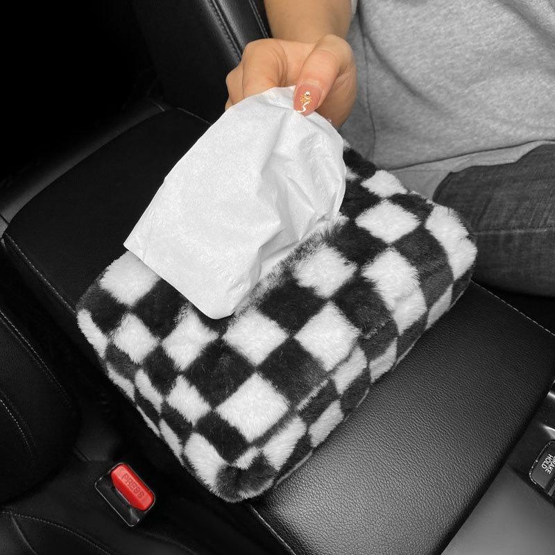 Cute Chessboard Grid Plush  Car Headrest Tissue Box Case Paper Tower Holder Auto Visor Hanging Organizer Styling Car Accessories