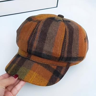 Achteckige Zeitungsjungenmütze aus Stoff, schlichte britische Retro-Mütze mit Farbblockierung und Karomuster für den täglichen Gebrauch zum Königstag